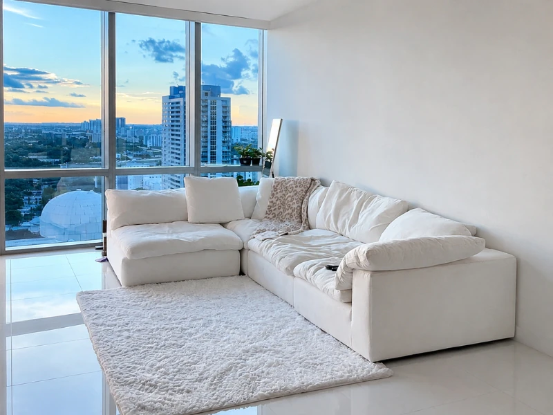 Phòng khách chung cư tối giản nổi bật với sofa trắng cạnh cửa sổ lớn