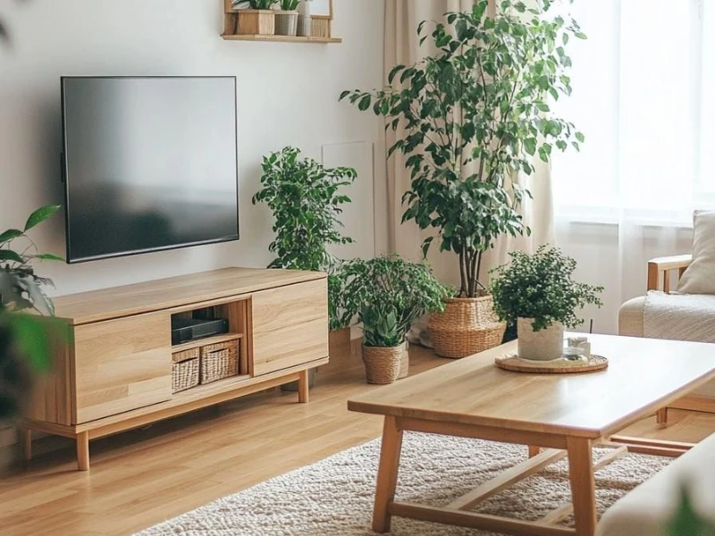 Phòng khách chung cư tối giản với kệ tivi gỗ bàn trà thấp và nhiều cây xanh