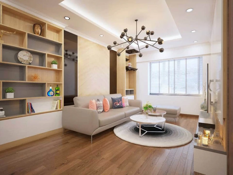 Phòng khách chung cư tối giản với nội thất gọn gàng và bố cục thông thoáng