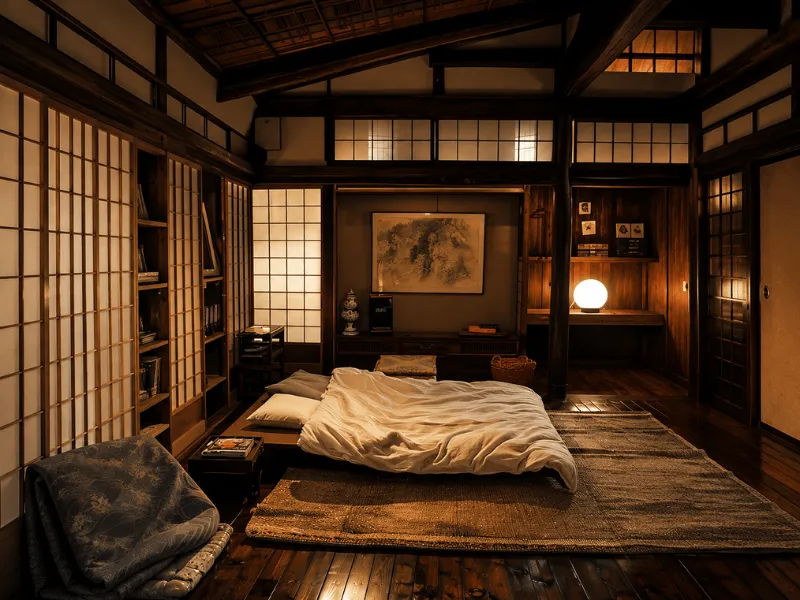 Phòng ngủ kiểu Nhật mộc mạc với nệm Futon trên sàn gỗ
