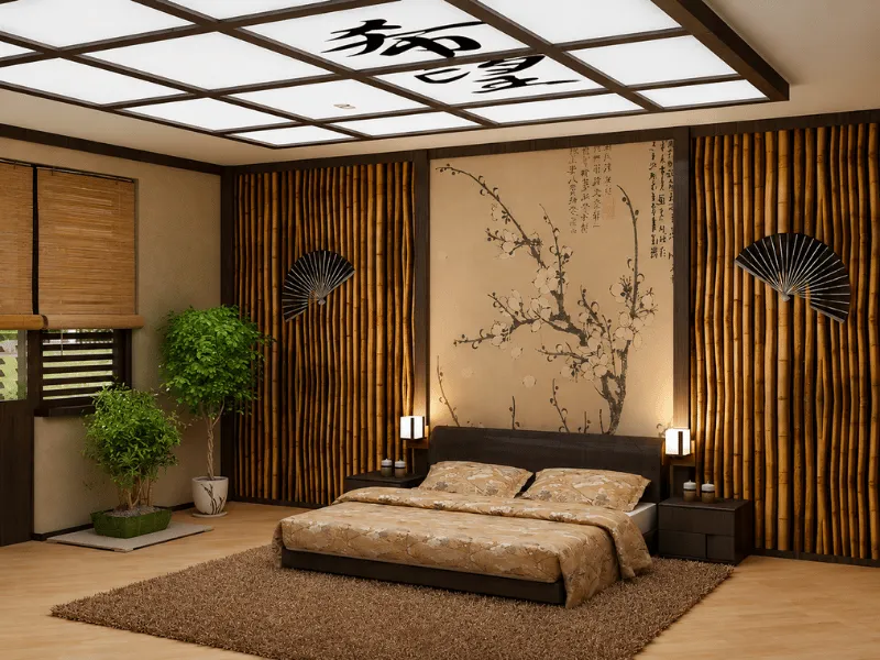 Phòng ngủ cho căn hộ kiểu Nhật mộc mạc với vách tre và giường thấp