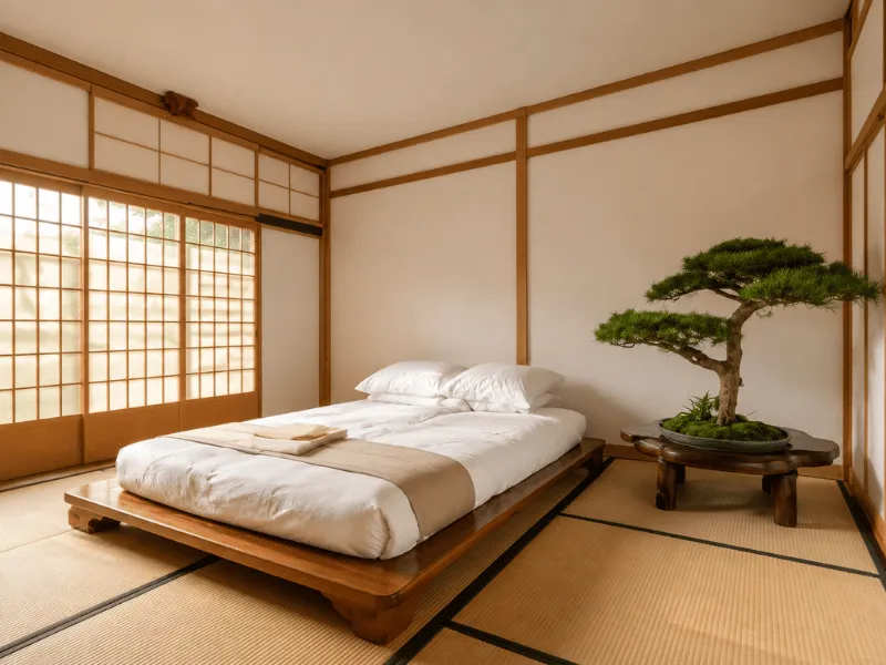 Mẫu thiết kế phòng ngủ căn hộ kiểu Nhật với cửa Shoji, chiếu Tatami và cây bonsai