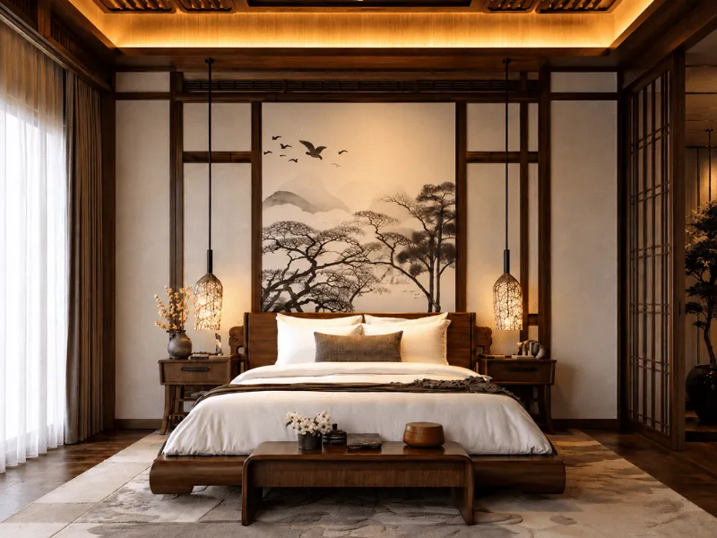 Nội thất phòng ngủ master Nhật Bản sang trọng với tranh thủy mặc