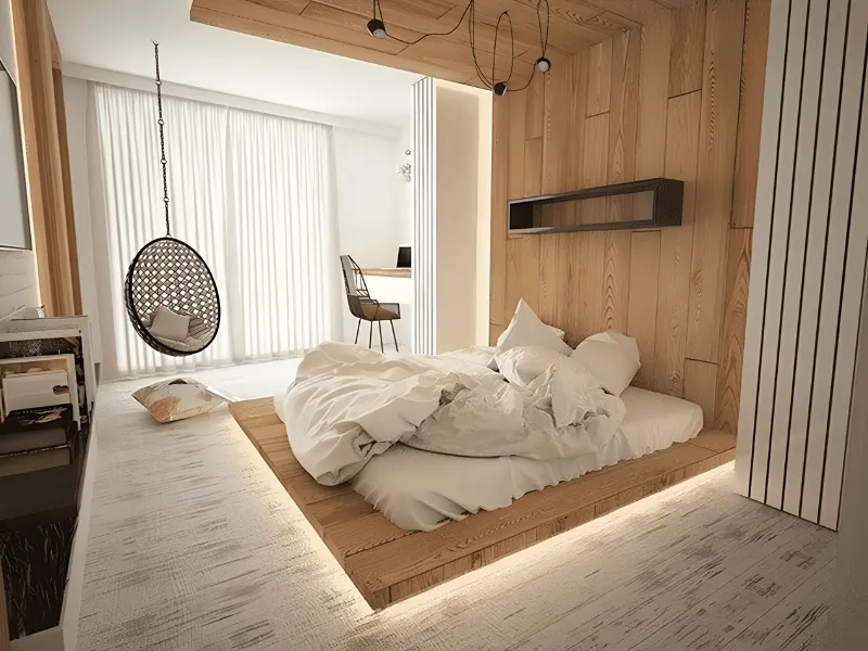 Thiết kế phòng ngủ phong cách Nhật Bản gỗ sáng với bục giường hắt sáng