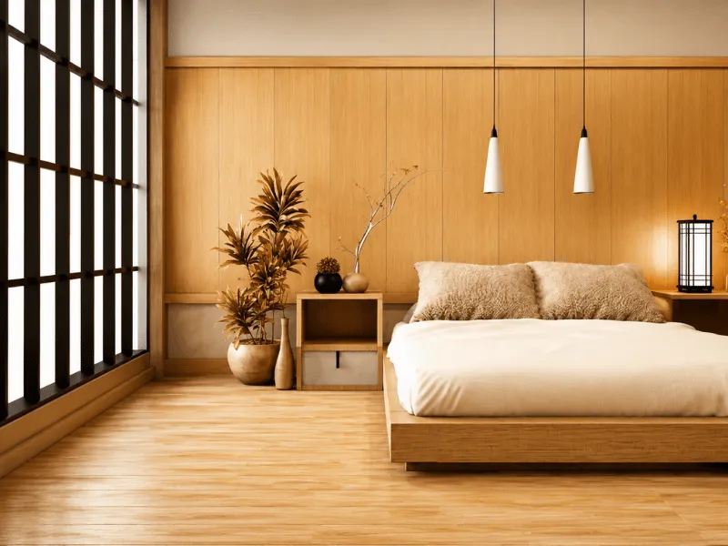 Phòng ngủ phong cách Nhật Bản cho với giường thấp và tường ốp gỗ sáng