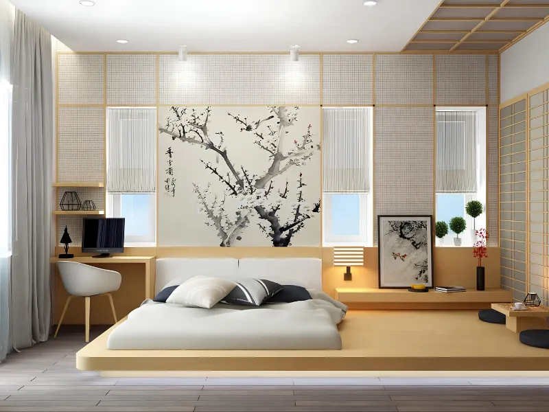 Phòng ngủ Nhật Bản gỗ sáng với giường phản và tranh hoa mai
