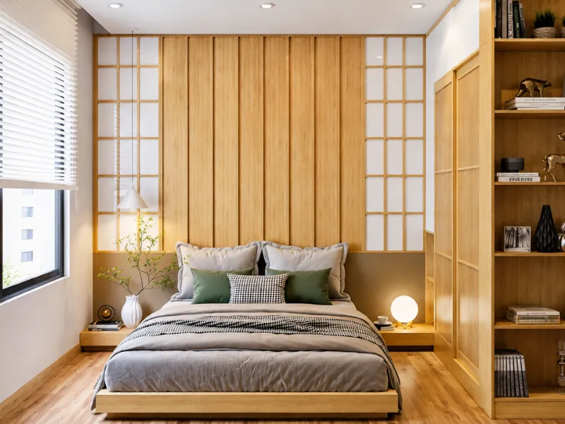 Phòng ngủ Nhật Bản gỗ sáng với giường bệt và vách kiểu Shoji