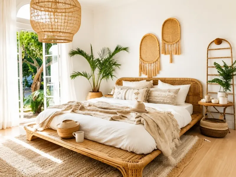 Phòng ngủ Tropical Boho với giường mây, tông be nâu, đèn tre và cây xanh điểm xuyết