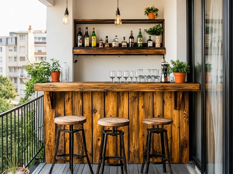 Quầy bar mini gỗ tại ban công chung cư với kệ rượu, ghế cao và đèn vàng ấm