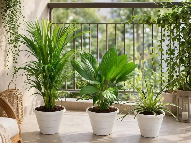 Thiết kế ban công chung cư hướng đông với cây cau cảnh, lan ý, lan chi và cây dây leo