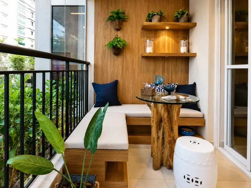 Ban công chung cư phong cách Wabi Sabi với ghế băng gỗ, bàn thân cây và chậu cây xanh