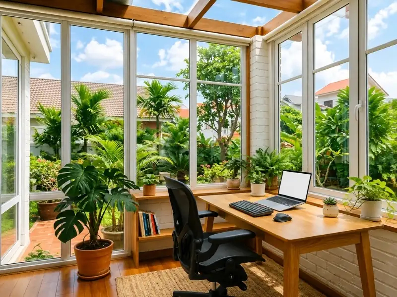 Góc làm việc tại nhà phong cách Tropical với bàn gỗ, cửa sổ lớn và cây xanh.