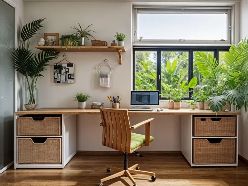Góc làm việc tại nhà phong cách Tropical với bàn gỗ, ghế mây và cây xanh.