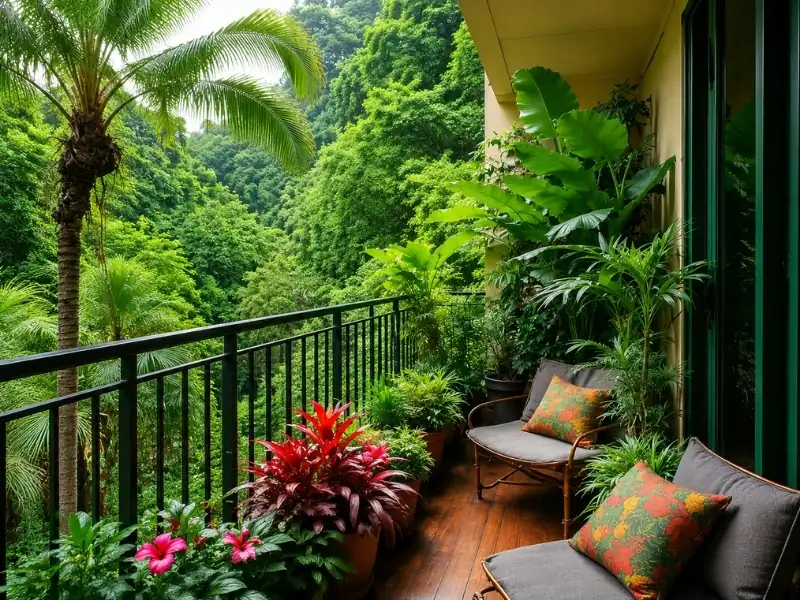 Thiết kế ban công phong cách Tropical với ghế mây, sàn gỗ và cây lá nhiệt đới.