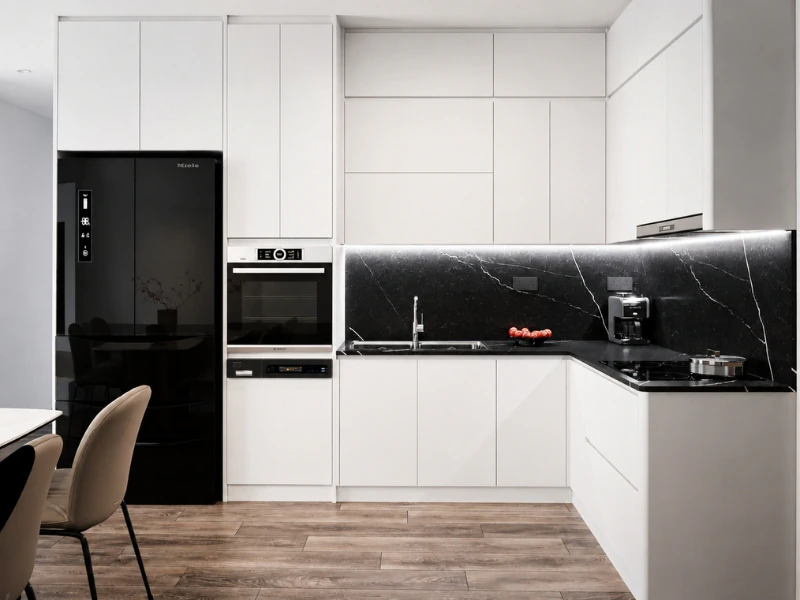 Thiết kế nội thất chung cư tối giản cho phòng bếp tủ trắng ốp đá đen