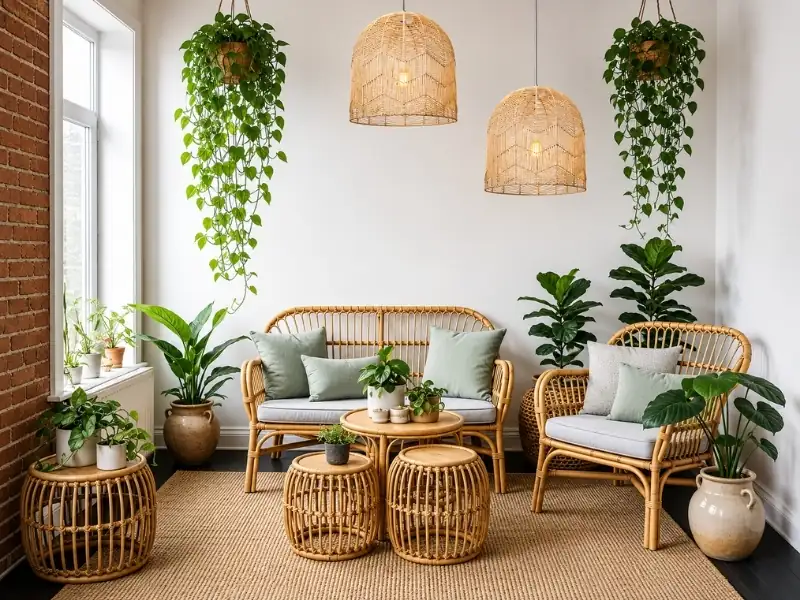 Sofa, ghế và bàn mây tre đan trong phòng khách phong cách Tropical