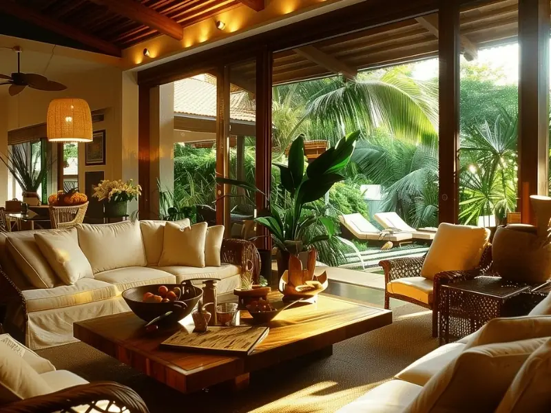 Thiết kế nội thất phong cách tropical với ánh sáng tự nhiên và đèn trang trí.