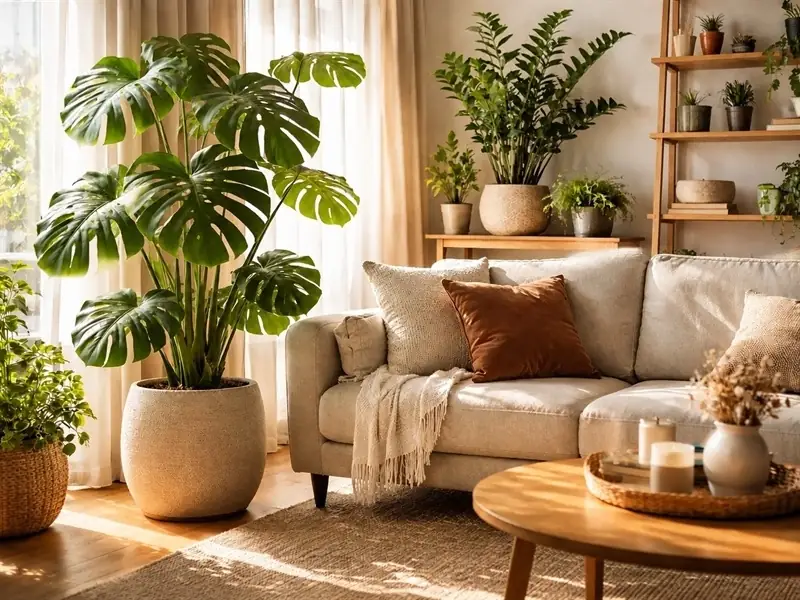 Thiết kế nội thất phong cách Tropical với cây monstera và sofa tông be.
