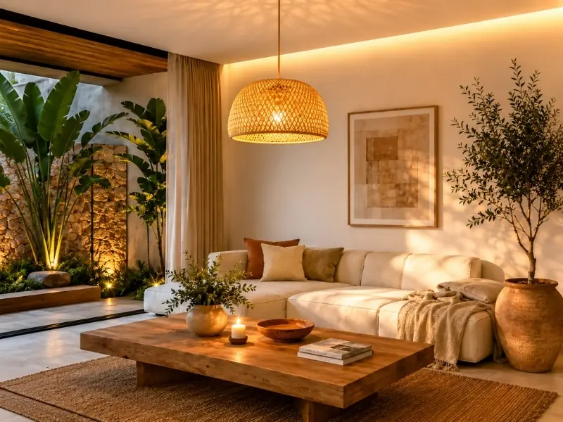 Thiết kế nội thất phong cách Tropical với đèn thả mây tre.