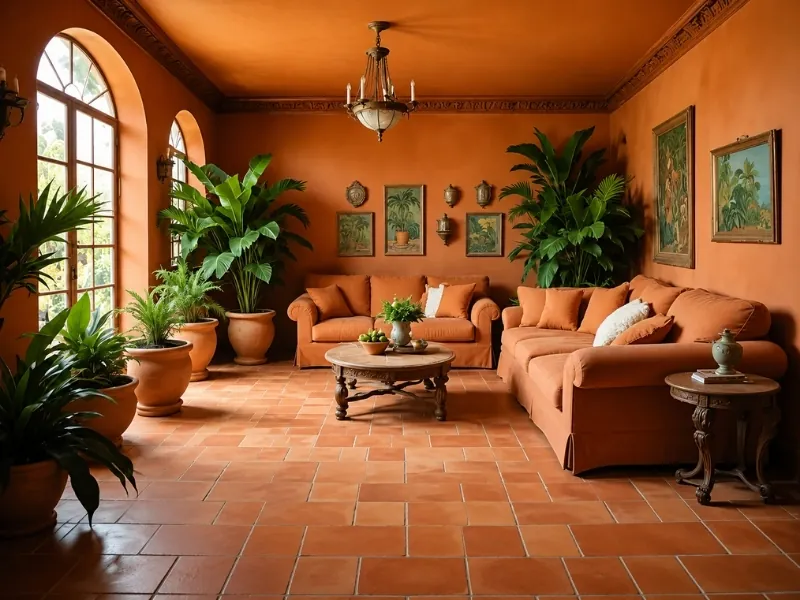 Nội thất phong cách tropical với sàn gạch đất nung và cây xanh.