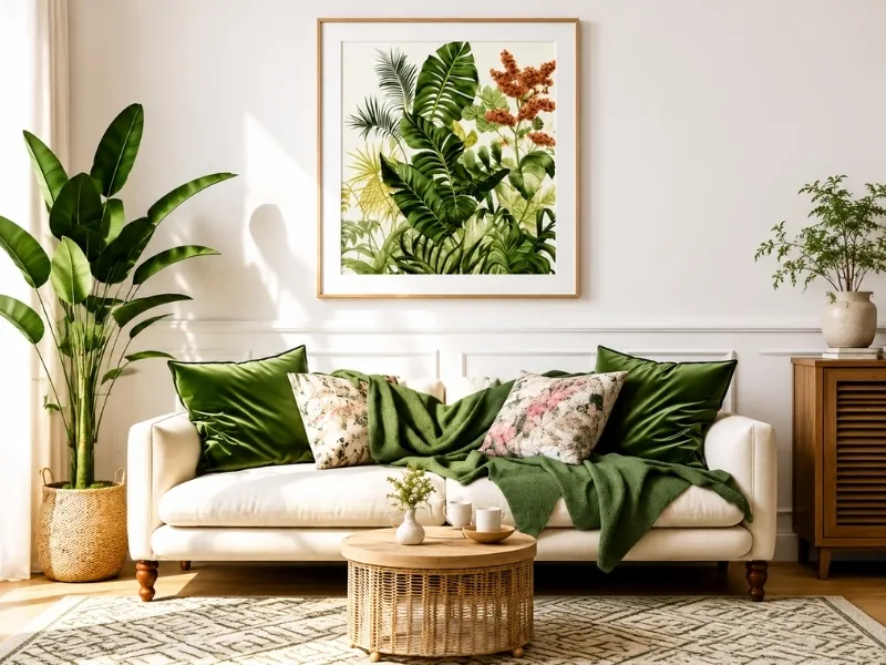 Thiết kế nội thất phong cách Tropical với tranh họa tiết lá nhiệt đới.