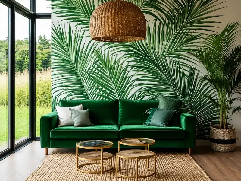 Thiết kế nội thất phong cách Tropical với sofa xanh lá và họa tiết lá cọ