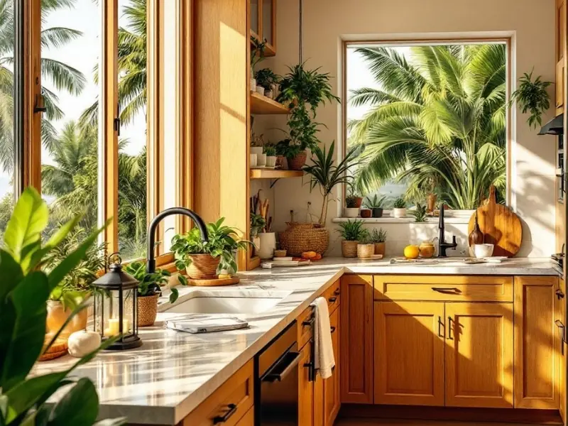 Phòng bếp phong cách Tropical với tủ gỗ, đèn mây tre và cửa sổ lớn.