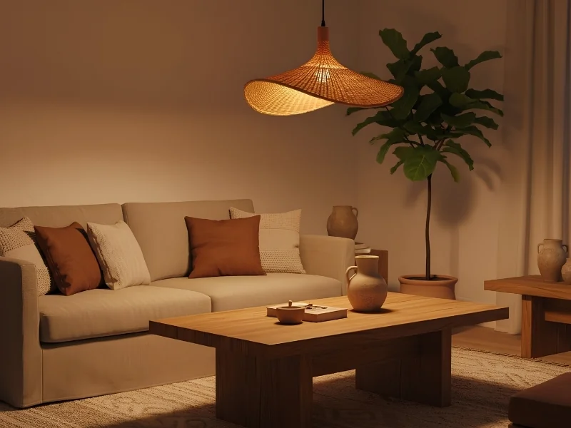 Thiết kế nội thất phong cách Tropical phòng khách với đèn thả mây.