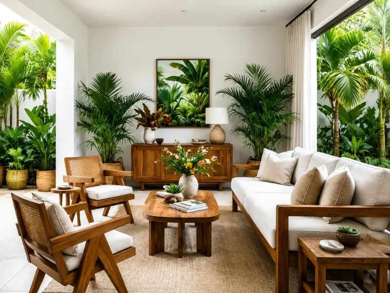 Thiết kế nội thất phong cách Tropical với gỗ tự nhiên và cây cọ.