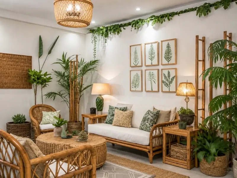 Thiết kế nội thất phong cách tropical với sofa mây tre và cây xanh.