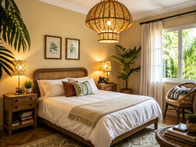 Thiết kế nội thất phong cách Tropical phòng ngủ với đèn vàng.