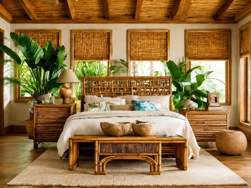 Thiết kế nội thất phong cách Tropical với phòng ngủ mây tre và cây xanh.