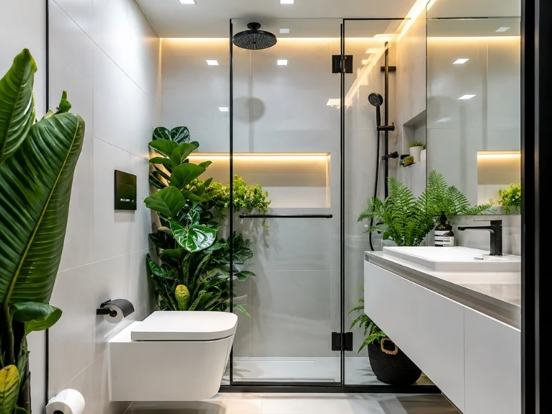 Phòng tắm phong cách Tropical với cây xanh, vách kính và ánh sáng vàng.