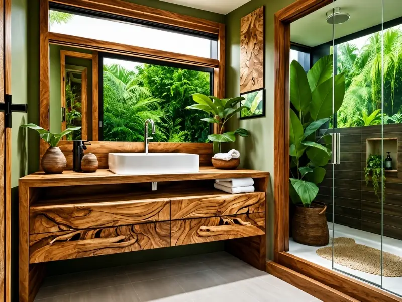 Thiết kế nội thất phong cách Tropical với tủ lavabo gỗ và cửa sổ nhìn ra cây xanh.