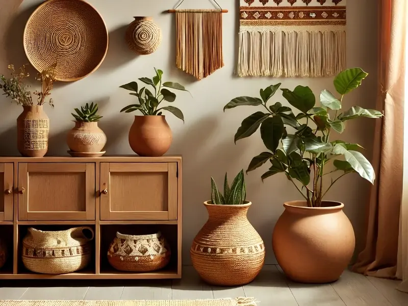 Thiết kế nội thất phong cách Tropical với phụ kiện thủ công và đồ trang trí tự nhiên.