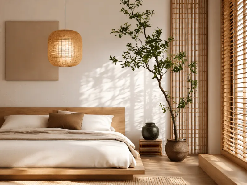 Phòng ngủ phong cách Nhật Bản trang trí cây xanh trong chậu gốm thủ công cạnh giường thấp