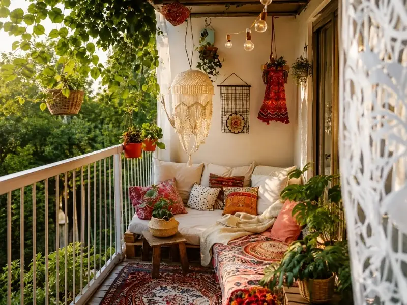Ban công chung cư Bohemian sinh động với họa tiết thổ cẩm và đồ macramé