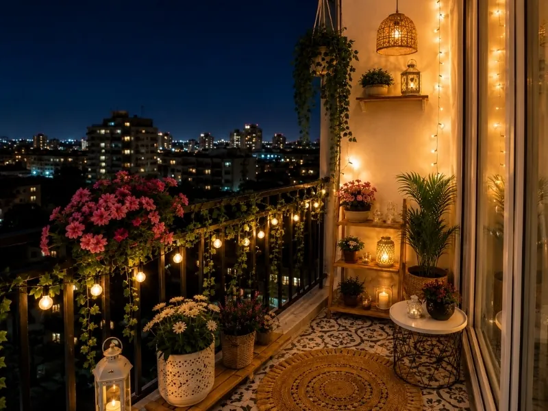 Ban công chung cư trang trí đèn LED dọc lan can, hoa và cây leo cùng view thành phố về đêm