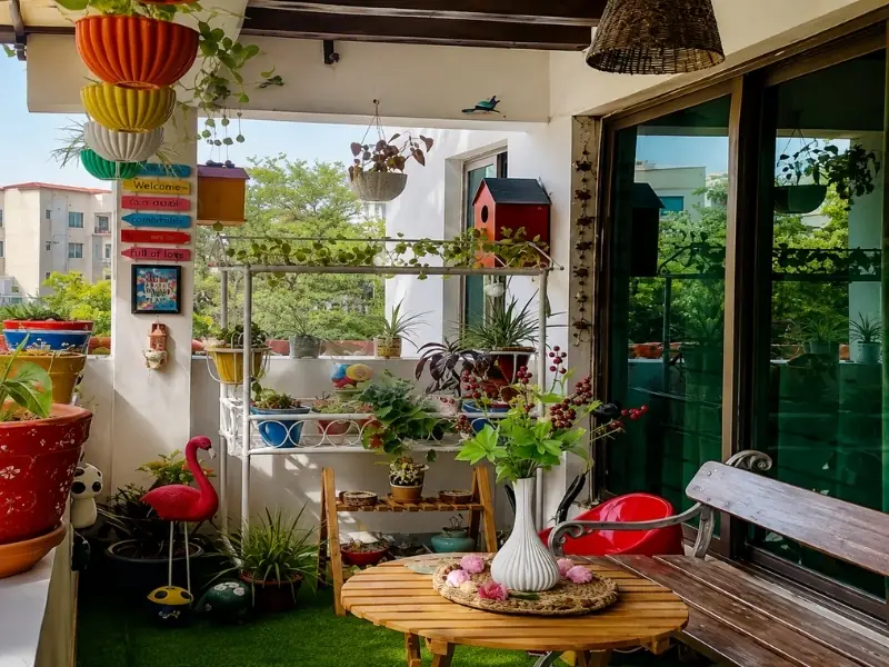 Ban công chung cư trang trí bằng khung ảnh handmade, chậu cây và đồ treo nhiều màu