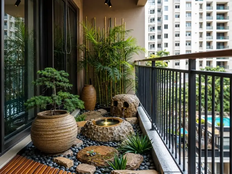 Ban công chung cư phong cách Nhật Bản với cây bonsai, tre, sỏi và bồn nước bằng đá