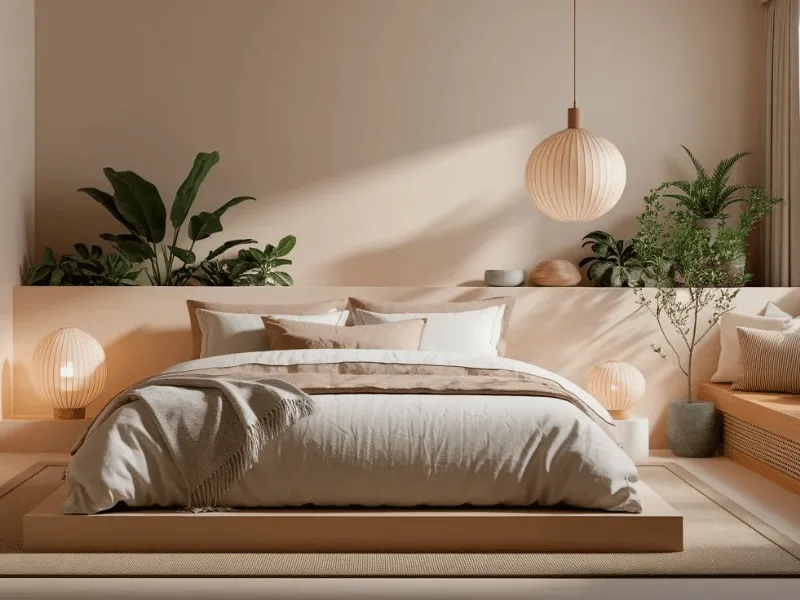 Phòng ngủ kiểu Nhật trang trí cây xanh và bình gốm quanh giường thấp