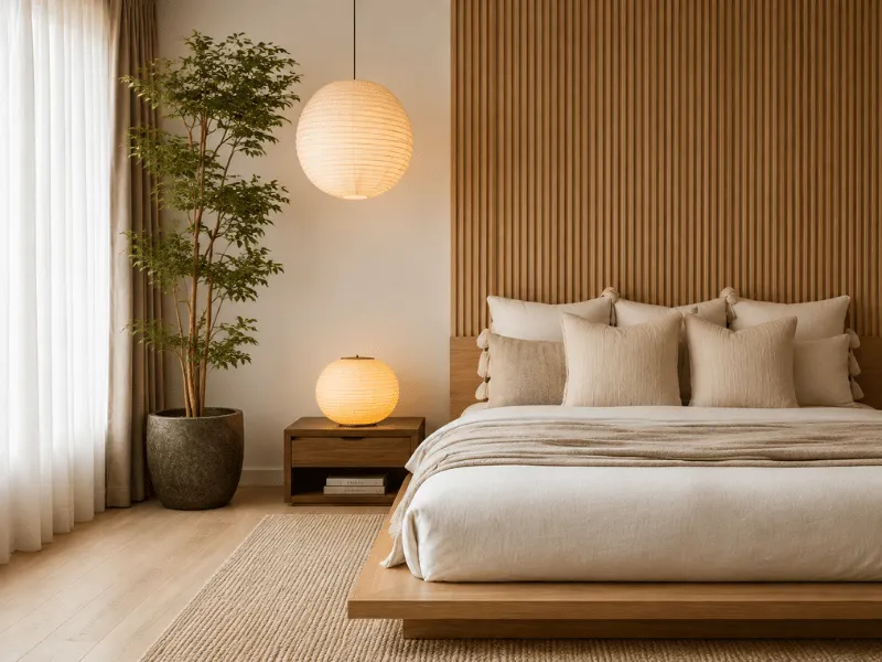 Phòng ngủ phong cách Nhật Bản trang trí cây xanh trong chậu gốm cạnh giường