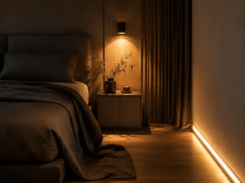 Phòng ngủ kiểu Nhật với đèn đầu giường và đèn hắt chân tường ánh vàng
