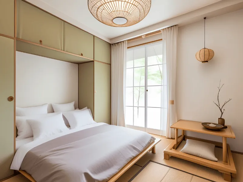 Phòng ngủ kiểu Nhật tiết chế đồ trang trí với bàn trà thấp và bình cành khô