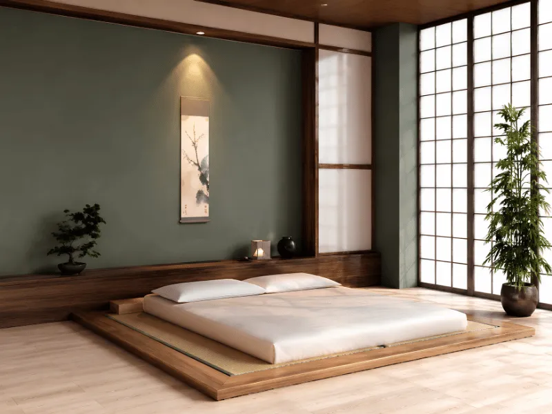 Phòng ngủ phong cách kiểu Nhật với tranh cuộn phong cảnh treo trên đầu giường