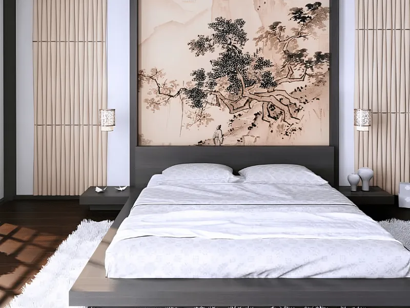 Thiết kế phòng ngủ kiểu Nhật với tranh thủy mặc đặt ở đầu giường