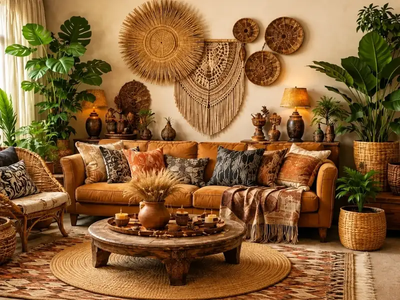 Phòng khách phong cách Tropical Boho với nội thất mây tre và họa tiết dân tộc