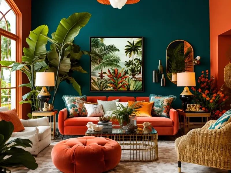Phòng khách phong cách Tropical Maximalist với màu sắc và họa tiết nổi bật