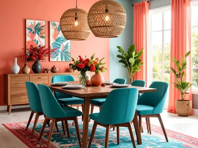 Phòng ăn phong cách Tropical Maximalist với gam cam và xanh ngọc nổi bật