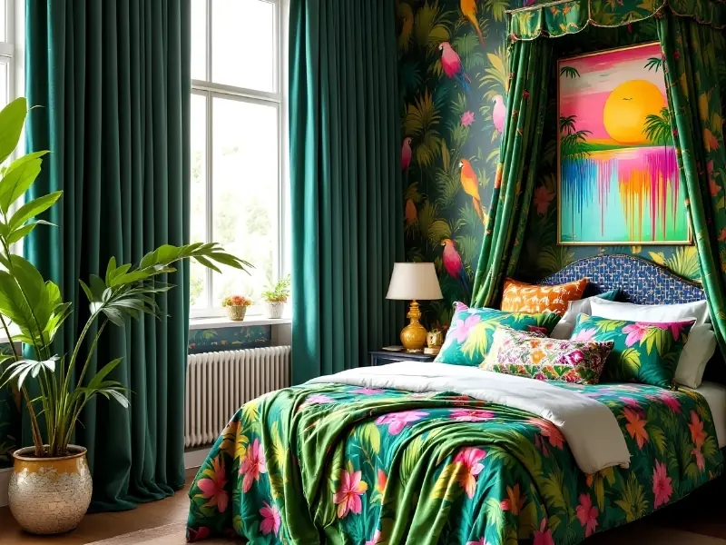 Phòng ngủ phong cách Tropical Maximalist với họa tiết hoa lá nhiệt đới đậm chất